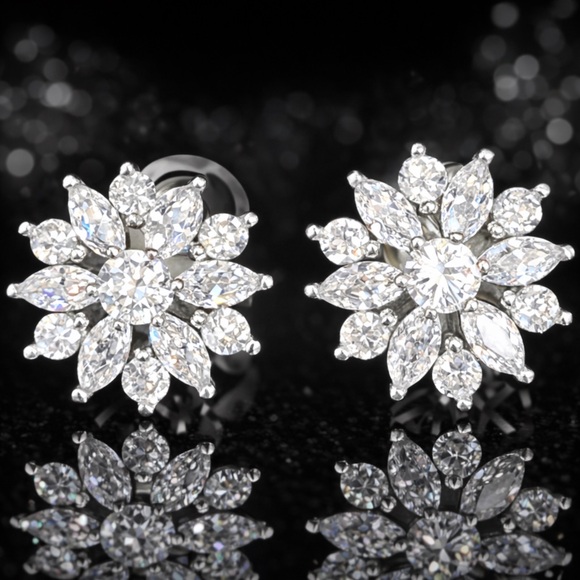 Fashion Jewelry Jewelry - Marquise Round Cut Cz Diamond floral Silver Flower Cluster ladies Stud Earrings